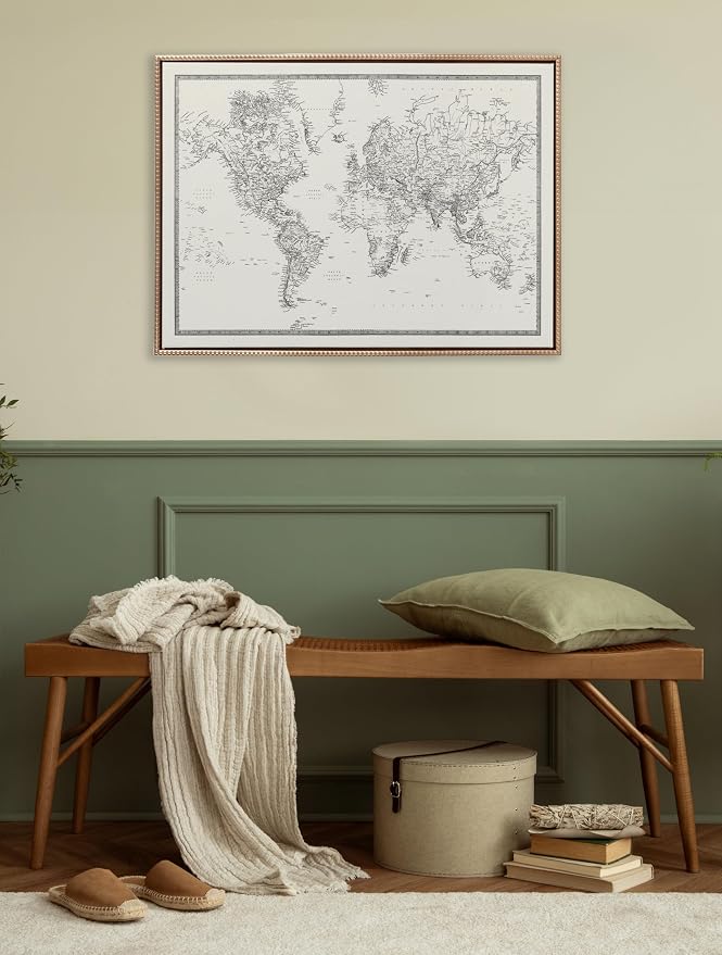 Kate and Laurel Sylvie Beaded Vintage Black and White World Map Vintage Framed Canvas Wall Art by The Creative Bunch Studio, 28x38 Gold, Modern Geographical Map Décor