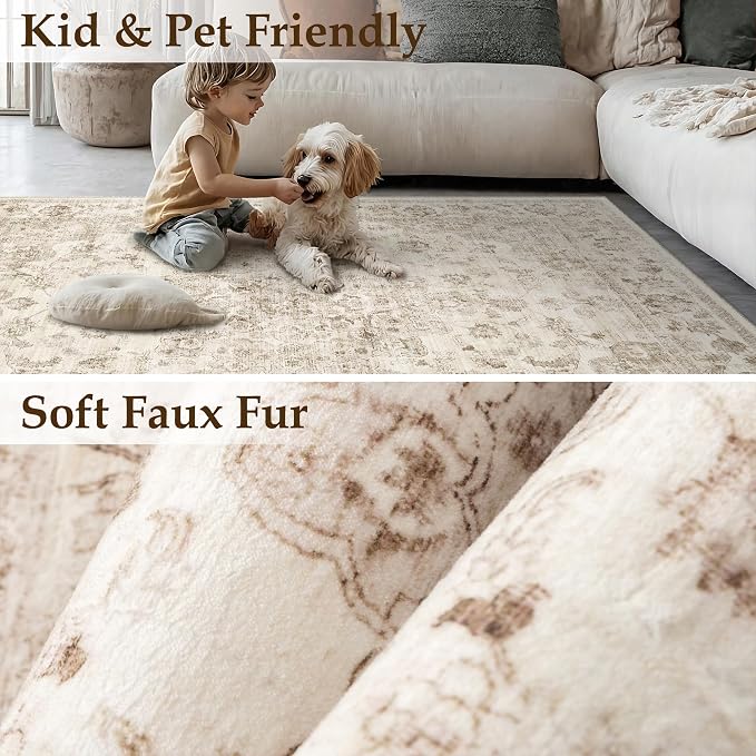 6x9 Washable Neutral Area Rug Beige Vintage Living Room Bedroom Carpet Non-Slip Medium Pile Thicker Floral Indoor Throw Rug for Dining Room Entryway Office