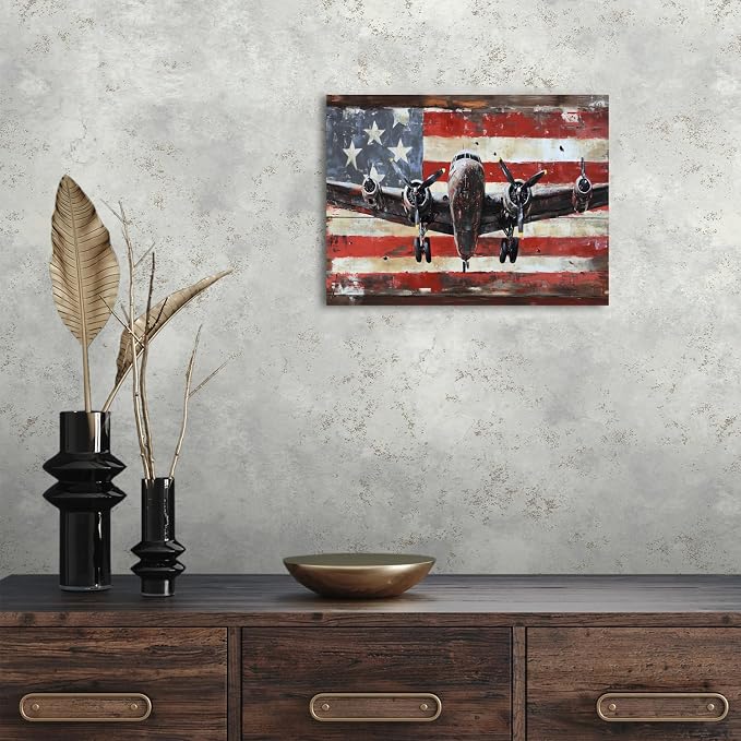 Vintage Airplane Wall Art USA Flag Aviation Pictures for Living Room Rustic Plane Posters Canvas Prints Bedroom Decor Modern Contemporary Aircraft Painting Artwork Mens Office Home Decorations 12x16"