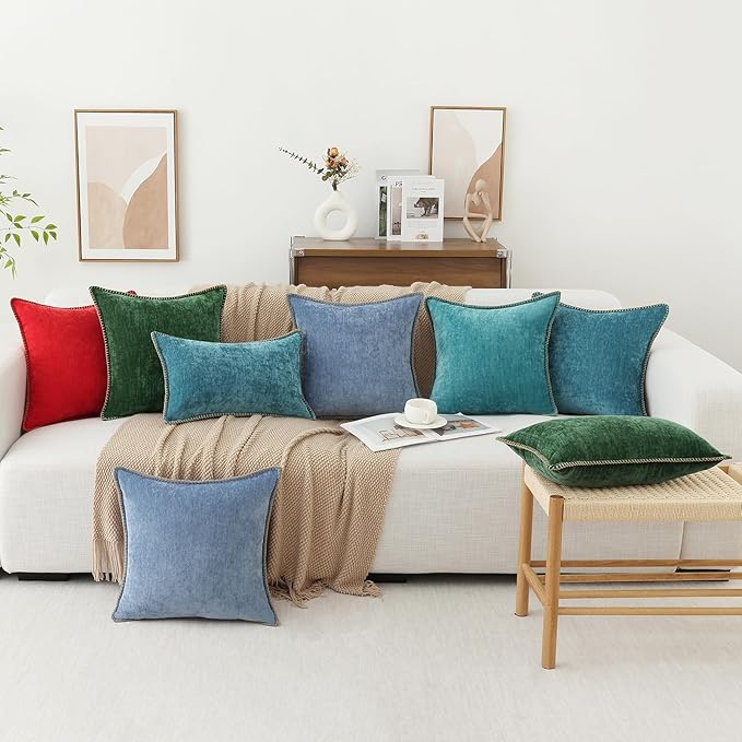 decorUhome Summer Chenille Soft Cozy Throw Pillow Covers 22x22 Set of 2, Modern Farmhouse Boho Velvet Decorative Euro Sham Pillow Cases with Stitched Edge for Couch Sofa Bed Home Decor, Teal