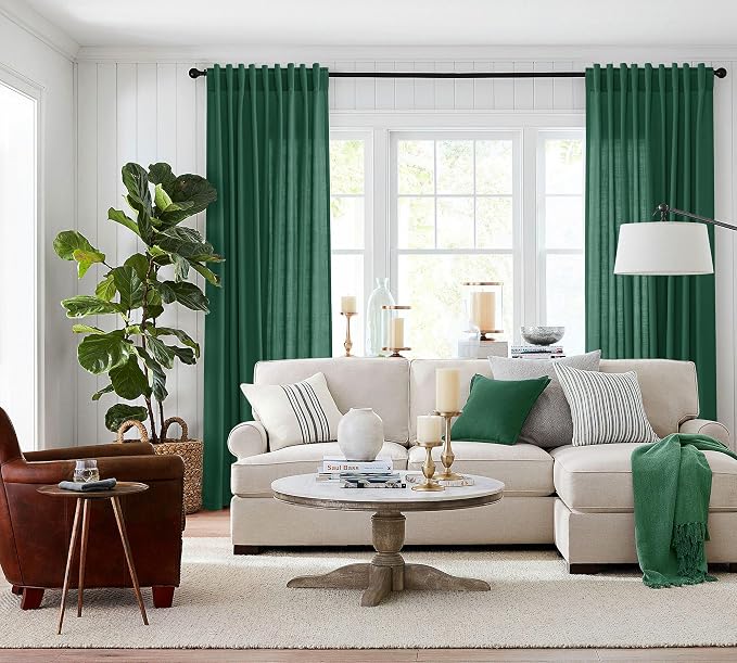Jowels Emerald Green Linen Curtains 84 Inch Long 2 Panels for Living Room | Light Filtering Semi Sheer Curtain, Back Tab Pocket Pleated Look, Boho Farmhouse Textured Privacy Drapes for Bedroom Window