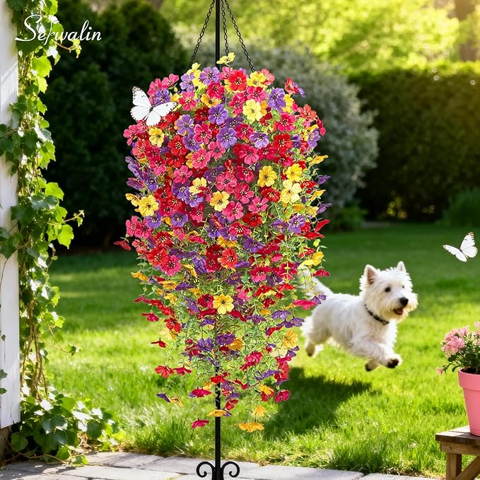 Serwalin 6PCS Artificial Hanging Flowers for Outdoors, UV Resistant Fake Hanging Plants, Realistic Weatherproof Outdoor Decor for Patio, Porch, Garden & Window (Spring Color, 6PCS)