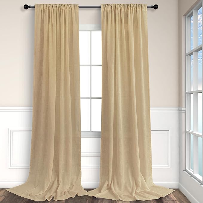 Tan Linen Curtains 90 Inch Length for Living Room Dining 2 Panels Set Back Tab Pocket Light Filtering Sheer Taupe Brown Mocha Coffee Color Drape for Bedroom Home Office Burlap Vintage Decor 52x90 Long