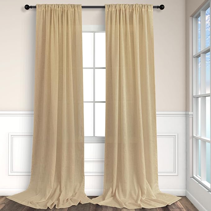 Tan Brown Linen Curtains 108 Inches Long for Living Room 2 Panel Back Tab Pocket Cloth Canvas Semi Privacy Sand Colored Curtain for Bedroom Patio Door French Country Victorian Western Boho Decor Taupe