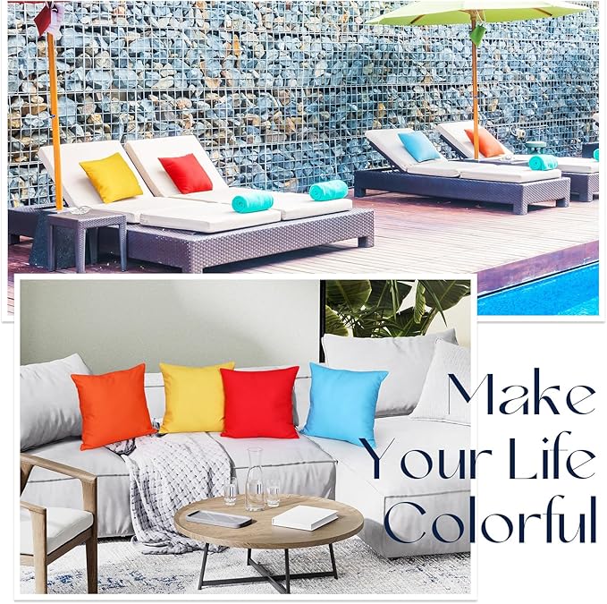 Colingmill 4 Set Waterproof Colorful Outdoor Throw Pillow Covers with 4 Pillow Inserts 18 x 18 Inch Picnic Decorative Waterproof Throw Cushion for Home Sofa Couch Patio