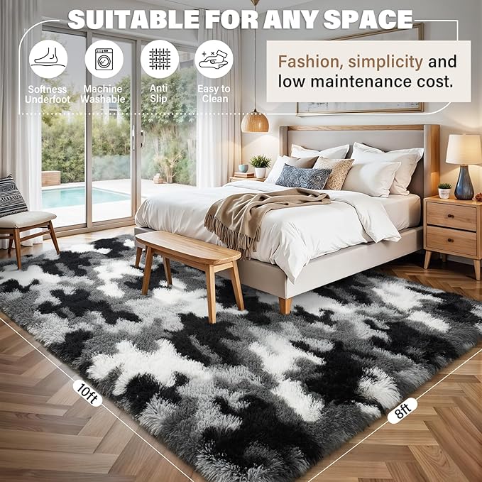 AROGAN Soft Fuzzy Kids Rugs for Girls Room Playroom 8x10 Feet, Fluffy Cute Colorful Princess Carpet for Kids Teens Nursery Toddler, Bedroom, Camouflage Black and White