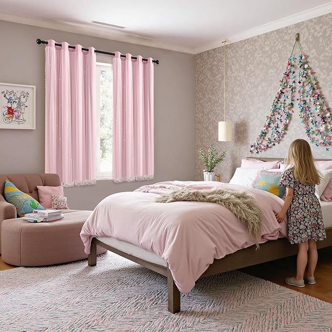 XiDi Light Pink Blackout Curtains for Girls Bedroom Living Room 63 Inches Long 2 Panels Hollow Star Nursery Kids Thermal Insulated Room Darkening Drapes Grommet Noise Reducing Window Curtains 52x63