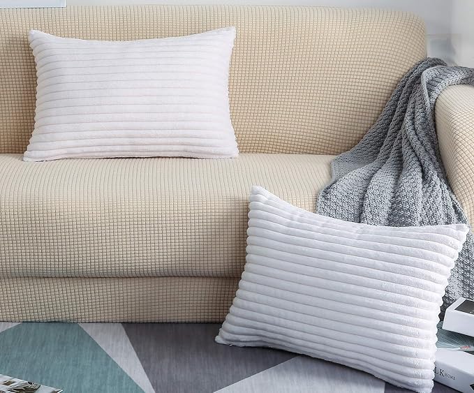 TangDepot Velvet Big Corduroy Pillow Covers 12x18 White 2-Pack | Soft wide-stripe corduroy pillow cover, hidden zipper, machine washable, easy refresh, for bedroom living room indoor outdoor
