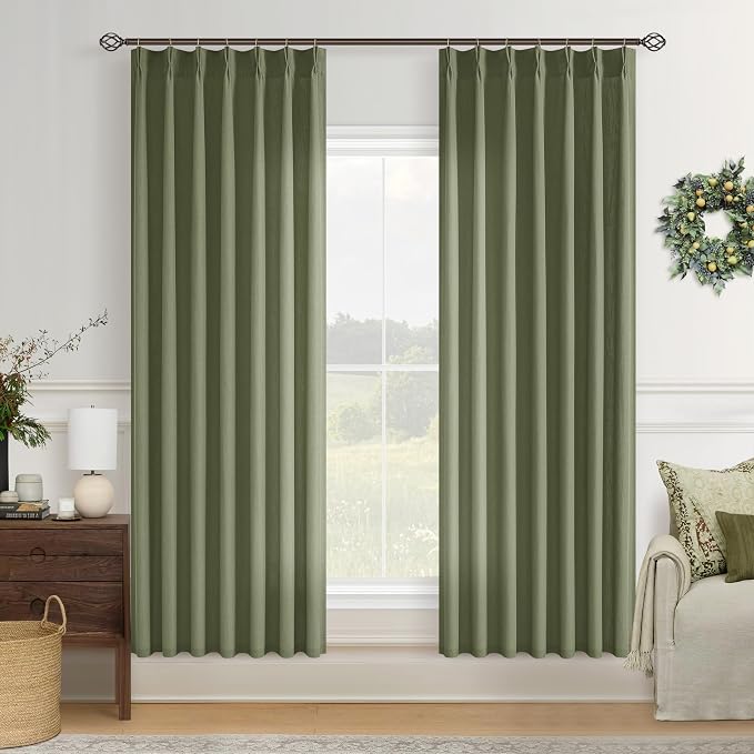 Olive Green Linen Semi Sheer Curtains 72 Inch Length 2 Panels Living Dining Room Pinch Pleated Light Filtering Boho Farmhouse Curtains for Bedroom Pinch Pleat Back Tab Moss Green Sunroom Cabin Closet