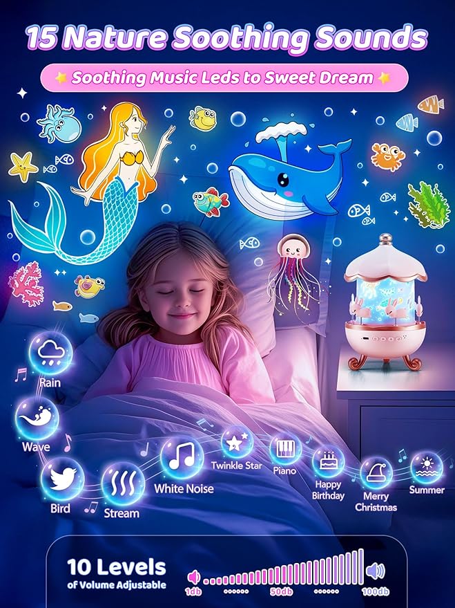 Carousel Night Light for Kids,15 Music+15 Films+315 Colors Star Projector for Kids Night Light Projector,360°+Remote+1200mah Unicorn Toys for Girls Room Decor,Autism Toys,Toddler Gifts for Girls Baby