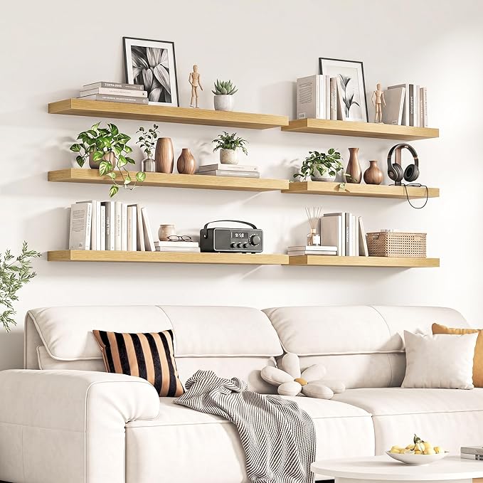 Fun Memories 48Inch Floating Shelves for Wall, 8 Inch Deep Shelves for Bathroom|Bedroom|Kitchen, Large Wall Mounted Wood Hanging Shelf with Invisible Brackets for Home Storage Decor, Oak - 2 Pack