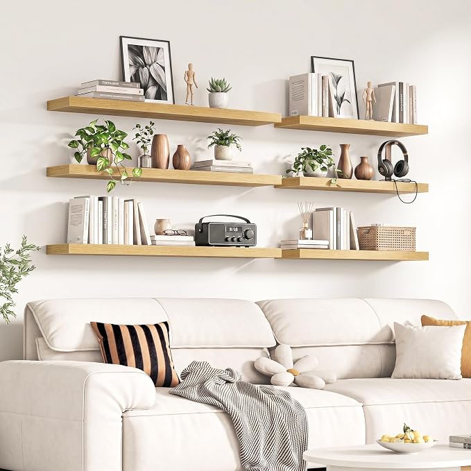 Fun Memories 60Inch Long Floating Shelves, 8 Inch Deep Shelves for Bedroom|Living Room, Wall Mounted Wood Hanging Shelf with Invisible Brackets for Fireplace Mantel Home Storage Decor, Oak - 2 Pack