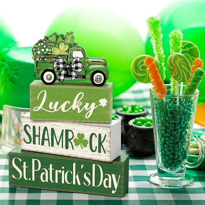 Marsui 4 Pcs St Patrick's Day Table Decorations Green Shamrocks Wooden Signs Block Farmhouse Irish Tiered Tray Decor Rustic St. Patrick's Day Table Centerpieces for Home Office Desk Shelf Mantel Decor
