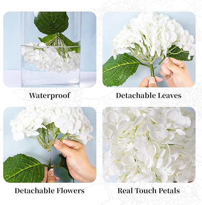 3 Pcs White Hydrangea Artificial Flowers 21" Realistic Latex Faux Hydrangeas Flowers Real Touch Full Heads, Lifelike Long Stem & Leaves for Wedding Outdoor Table Centerpieces Home Party Decoration