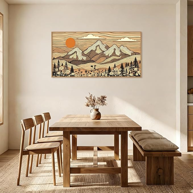 HPNIUB Large Boho Woodcut Mountain Framed Wall Art Set,Abstract Forest Wall Decor,Vintage Sunset Brown Art Print,Nature Wilderness Scenery Artwork for Living Room, Bedroom,Farmhouse -20"x40"