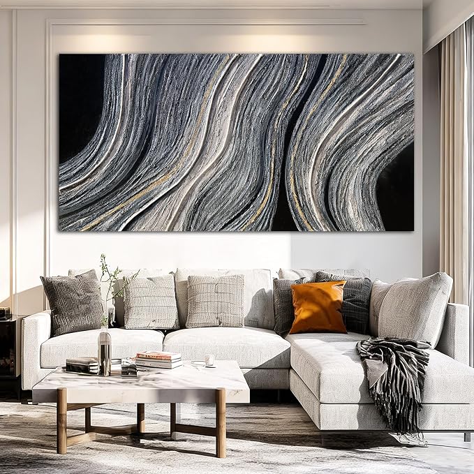 ZUNARE Contemporary Abstract Canvas Wall Art Black and white and gold Linear Painting, Minimal Modern Artwork for Living Room Bedroom Office Kitchen Wall Decoration 29"x58"