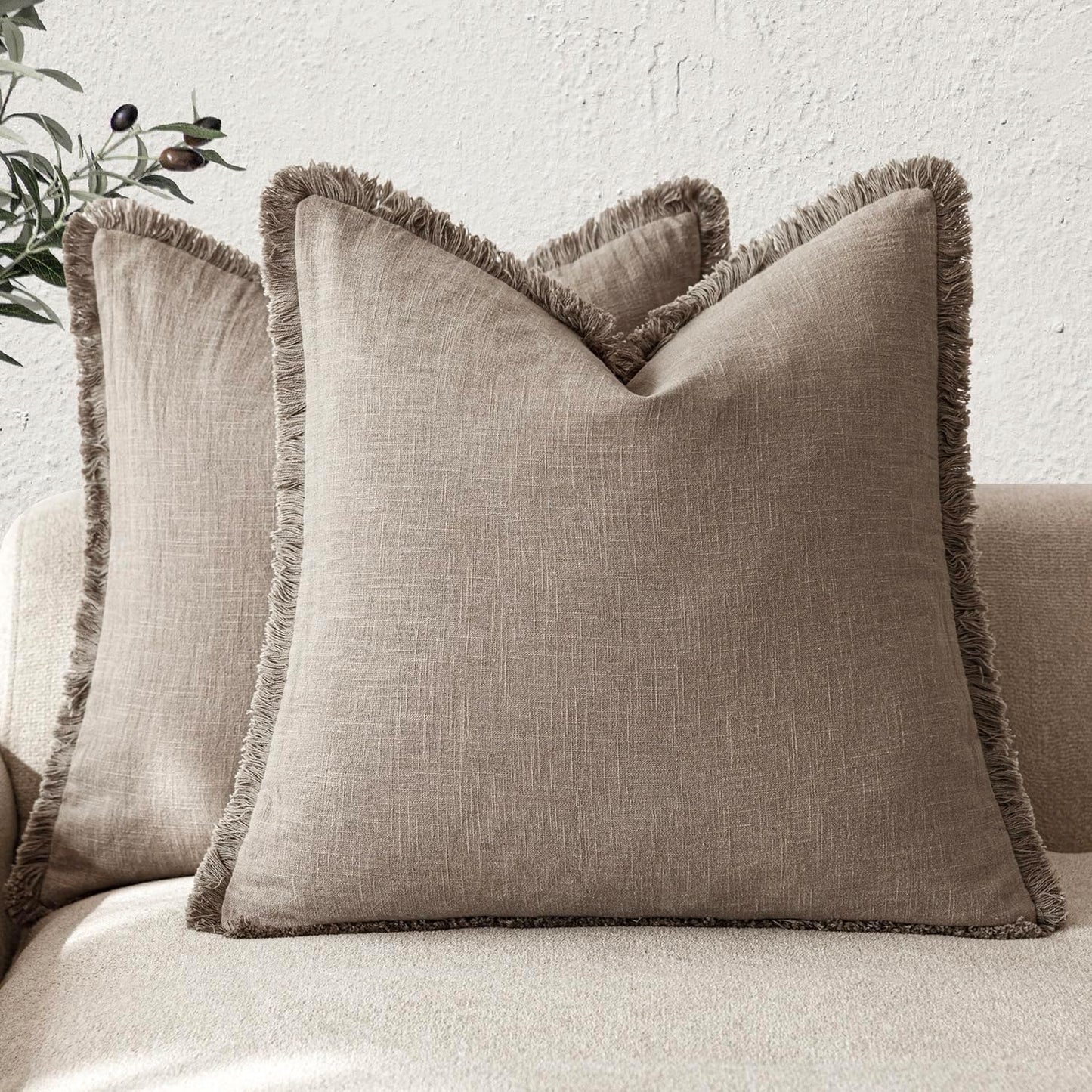 Foindtower Set of 2 Decorative Linen Fringe Throw Pillow Covers Boho Farmhouse Cushion Cover with Tassels Accent Pillowcase for Couch Chair Sofa Bed Living Room Home Decor,22×22 Inch,Brown Tan
