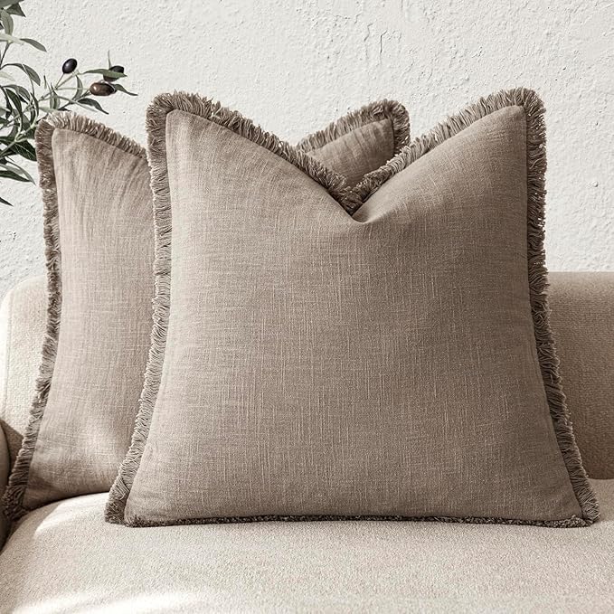 Foindtower Set of 2 Decorative Linen Fringe Throw Pillow Covers Boho Farmhouse Cushion Cover with Tassels Soft Accent Pillowcase for Couch Chair Sofa Bed Living Room Home Decor,18×18 Inch,Brown Tan