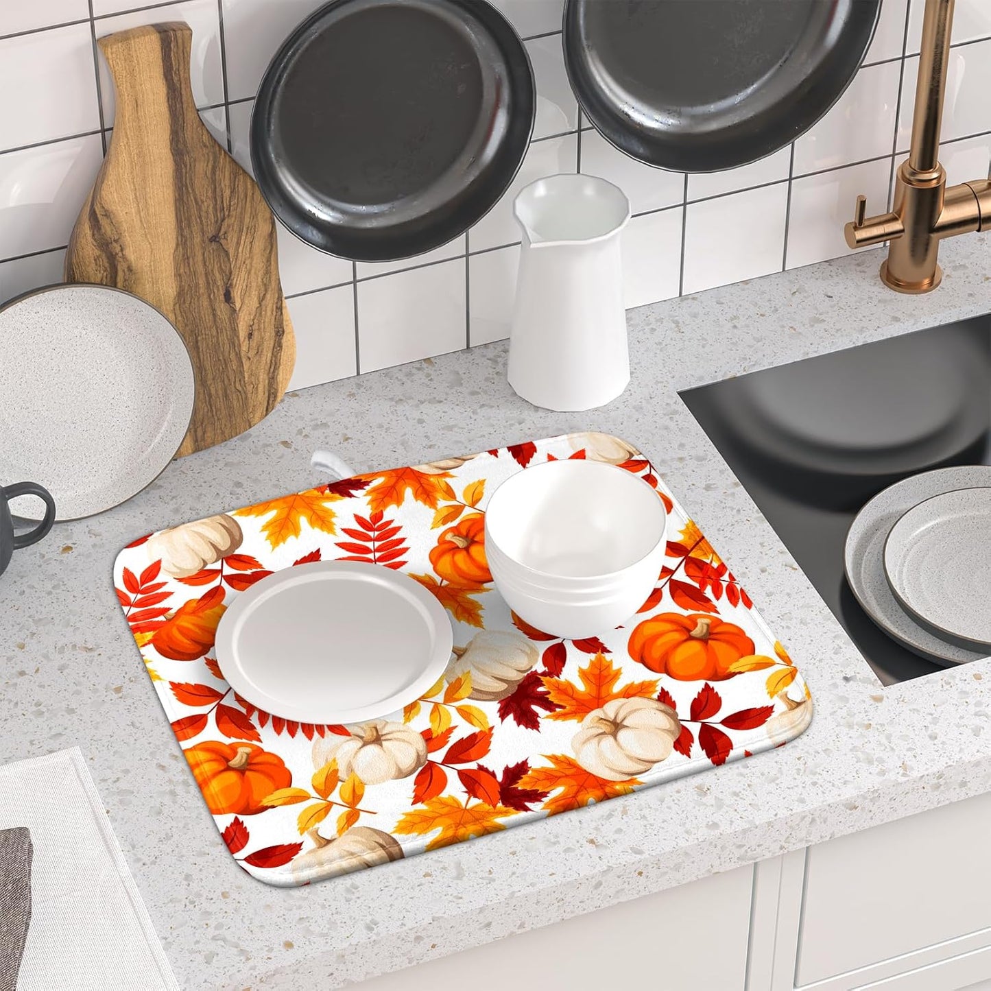 Fall Dish Drying Mat for Kitchen Counter Watercolor Pumpkins Autumn Leaves Thanksgiving Super Absorbent Reversible Microfiber Kitchen Countertop Protector Dishes Pad Small 16x18 inch