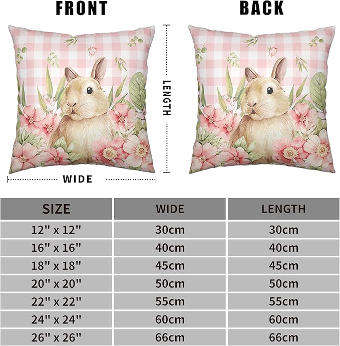 Easter Bunny Pillow Covers 16x16 Set of 2 Spring Floral Decorative Pillowcase Cute Rabbit Cotton Linen Cushion Case Pink Plaid Throw Pillow Covers for Sofa Patio Outdoor