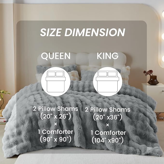 Simple&Opulence Fluffy Faux Fur Comforter Set, Plush Fuzzy Minky Bedding Set 3 Pieces Warm Soft Comforter Bedding Set for Winter - 1 Shaggy Comforter with 2 Pillow Shams (King, Light Grey)
