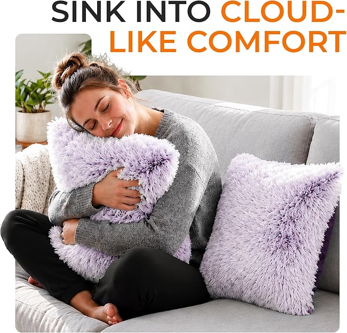 Cheer Collection Throw Pillows for Couch and Bed, Soft Shaggy Throw Pillows with Inserts Included, Cozy Long Hair Faux Fur Pillows - Set of 2-18" x 18" - Purple