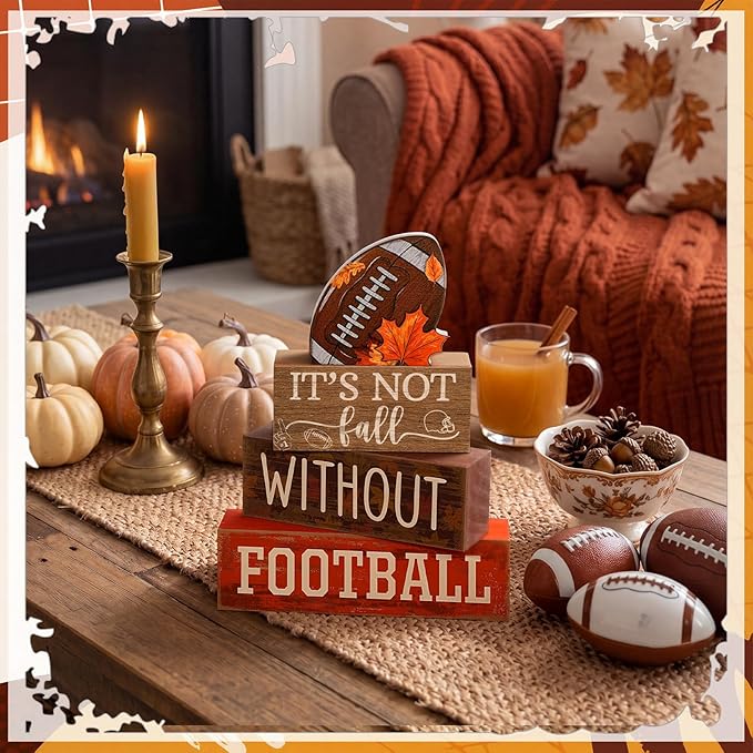 Yuntau 4 Pcs Football Fall Table Decorations Football Tiered Tray Decor Spring Wooden Sign Soccer It's Not Fall Without Centerpiece Decorative Faux Book Block Sign for Coffee Table Mantel Shelf