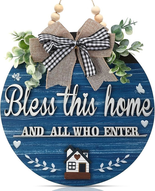 3D Bless This Home and All Who Enter Wooden Front Door Signs，Door Decorations Hanging,Christian Jesus Home Porch Wall Decor，Spring Wreaths，Door Wreaths for Front Door Outside All Season（Blue）