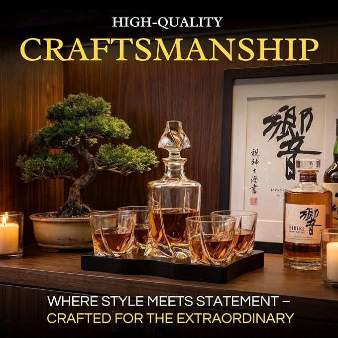 Ember Gilded Japanese Crystal Whisky Decanter Set with 4 Tumbler Glasses, Lead-Free Liquor Carafe & 10oz Rocks Glasses - Scotch Bourbon, Spirits & Wood Base Elegant Barware Gift for Men, Japan Design