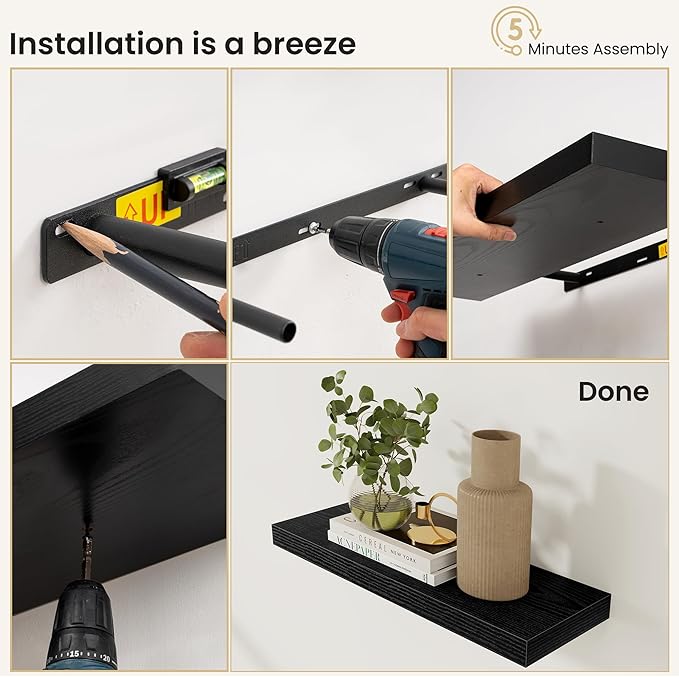 Fun Memories Floating Shelves for Wall, Rustic Wood Wall Mounted Shelves for Bathroom, Bedroom, Living Room & Kitchen, Storage Display Shelves, (Set of 2, Black, 40 in)
