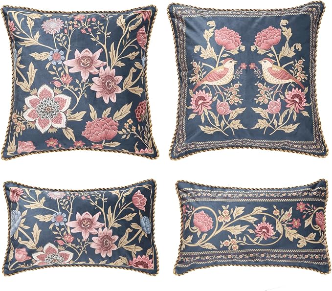 patdrea Designer French Velvet Throw Pillow Cover,Set of 4,-Oldgarden | Elegant Lumbar Pillow Case,Navy Blue Floral Pattern,Decorative Cushion Coverfor Couch Living Room Bedroom Sofa