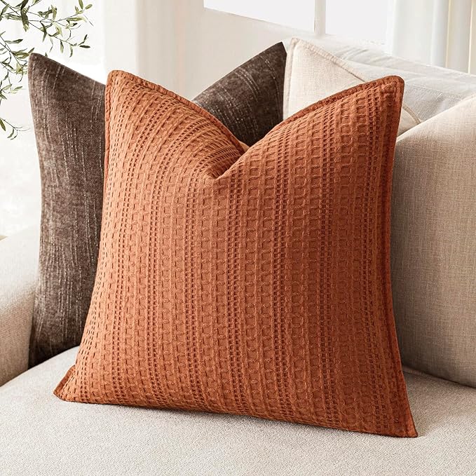 Foindtower Set of 2 Decorative Cotton Waffle Weave Throw Pillow Covers Euro Shams Cushion Covers Accent European Pillowcase for Bed Couch Sofa Bedroom Living Room Home Decor 20×20 Inch Burnt Orange