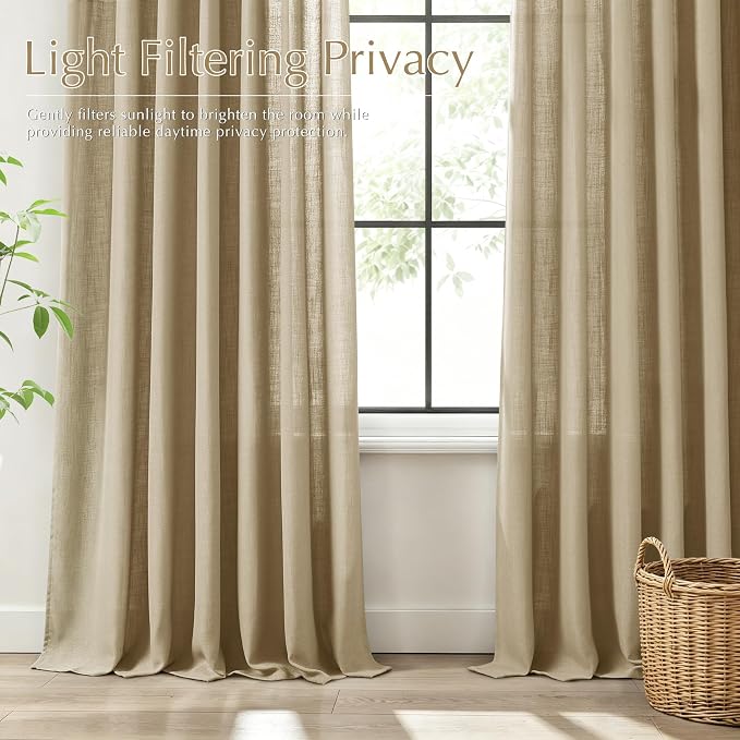 Oatmeal Linen Triple Pinch Pleat Curtains 120 inch Long 2 Panels Light Filtering Memory Trained Pleated Window Curtain Dining Room Track System Rustic Farmhouse Textured Drapes Ceiling Floor Length