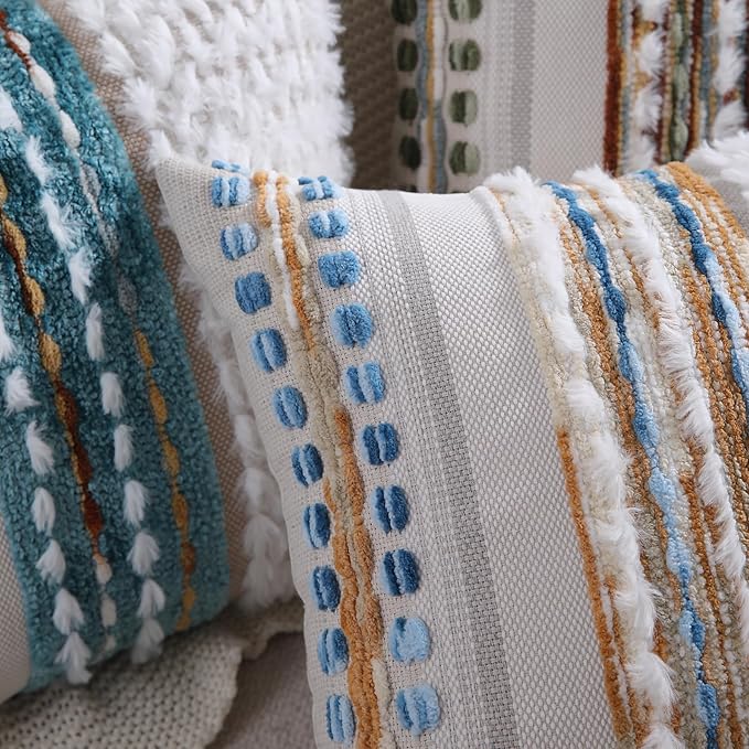 Boho Throw pillow covers 18x18 set of 2 farmhouse decorative Couch pillow covers neutral Accent throw pillows covers striped outdoor cushion covers square textured chenille pillow cases for sofa bed