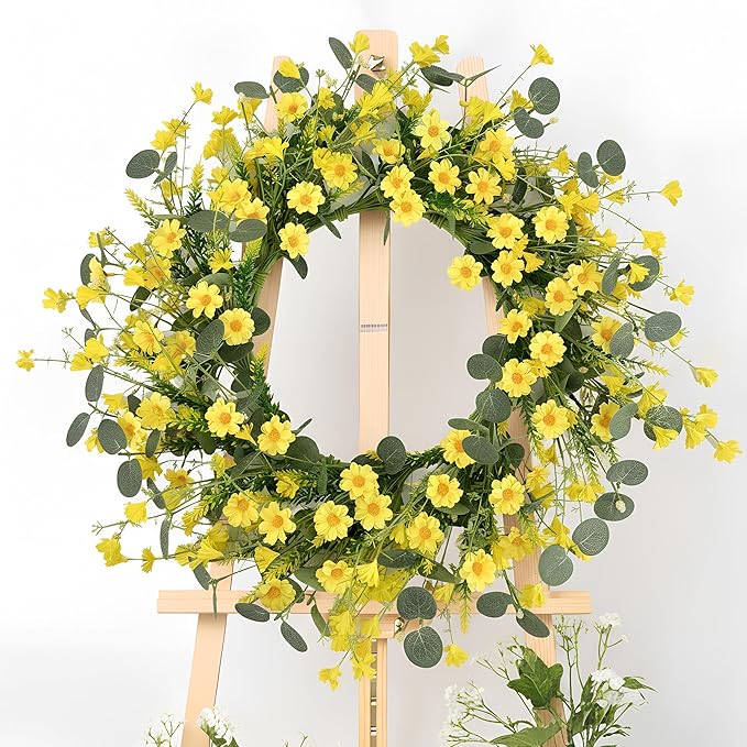 Pinkpum 22 Inch Yelllow Daisy Eucalyptus Wreath, Artificial Spring Summer Floral Wreath for Front Door, Farmhouse Wedding Wall Window Decor
