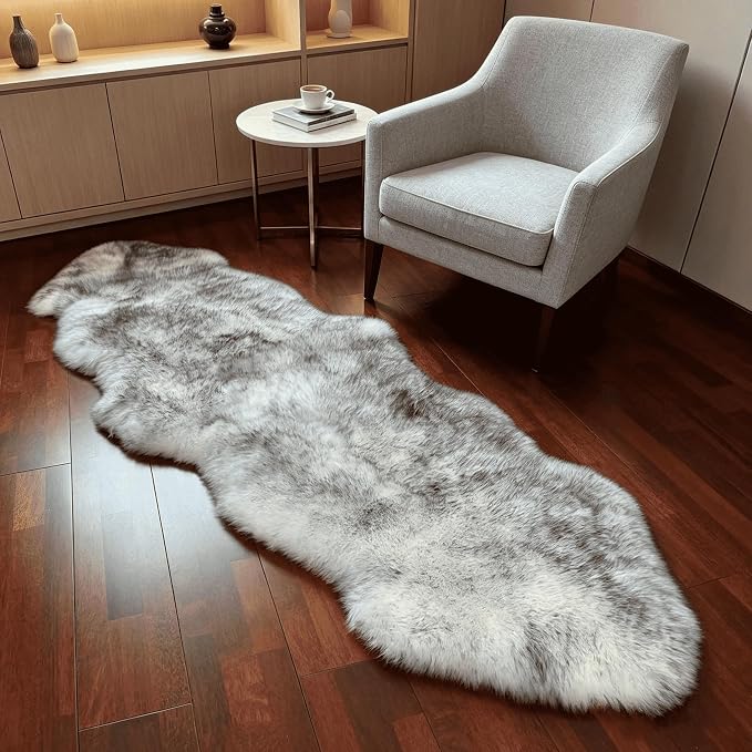 Fluffy Patchwork Sheepskin Rug with Little Patches, Fuzzy Shaggy Fur Genuine Wool Area Carpet for Bedroom Living Room Floor, Pray Pup Mat, Chair Sofa Seat Cover, Wolf Tipped, 2' x 6'