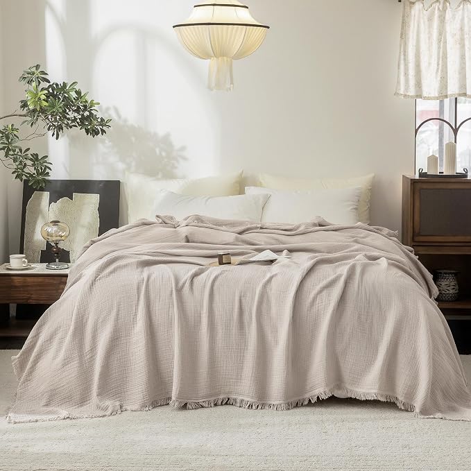 FOSSA Muslin Blanket 4-Layer 100% Cotton Gauze Blanket with Fringe 90"x90" | Super Soft Breathable Lightweight All Season & Decorative Blanket or Bed, Sofa, Office (Beige Gray, Queen)