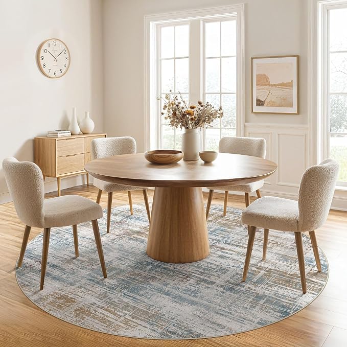 UERMEI 6ft Round Area Rug for Living Room: 6x6 Washable Neutral Abstract Modern Soft Circle Rugs Non Slip Indoor Floor Stain Resistant Carpet for Bedroom Dining Room Office Nursery Blue Brown