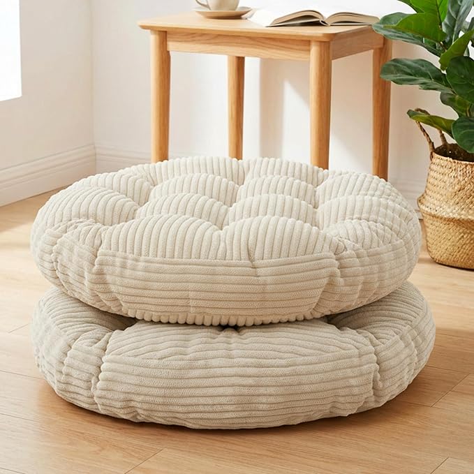 Large Floor Pillow for Adults, 22x22" Memory Foam Floor Cushion with Corduroy Cover, Round Floor Sitting Cushions for Meditation, Lounge,Seating for Yoga, Tatami Living Room (2, Round-Beige)