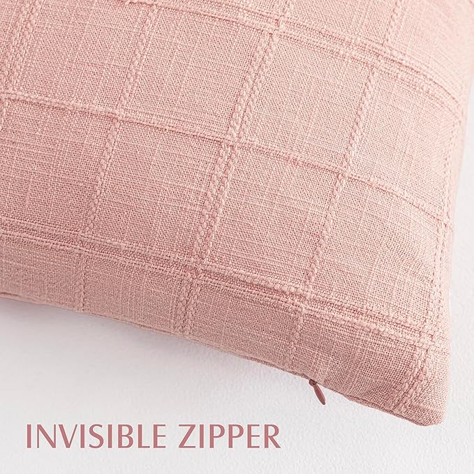 Foindtower Set of 2 Decorative Linen Check Throw Pillow Covers Neutral Farmhouse Lumbar Cushion Covers Modern Boho Accent Home Decor for Sofa Chair Couch Bedroom Living Room,12×20 Inch,Light Pink