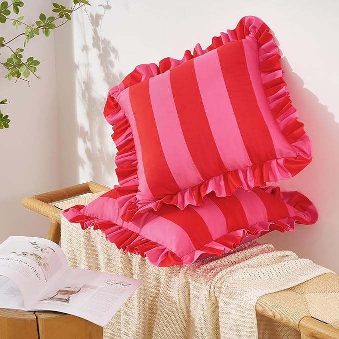 MONDAY MOOSE Decorative Throw Pillow Covers, Set of 2 Water-Resistant Striped Design with Ruffle Edge for Outdoor/Indoor Use, Pillow Inserts Not Included (22x22 inch, Hot Pink/Red)