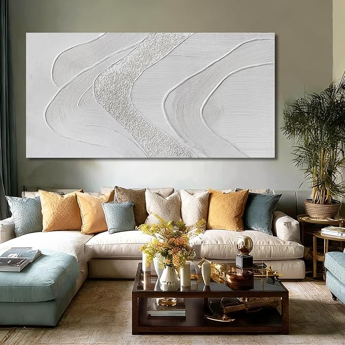 ZUNARE Large Abstract Wall Art, Textured White Canvas Painting in Neutral Cream and Sand Tones, Oversized Modern Statement Wall Decor for Living Room Bedroom Office, Ready to Hang, 29×58 Inch