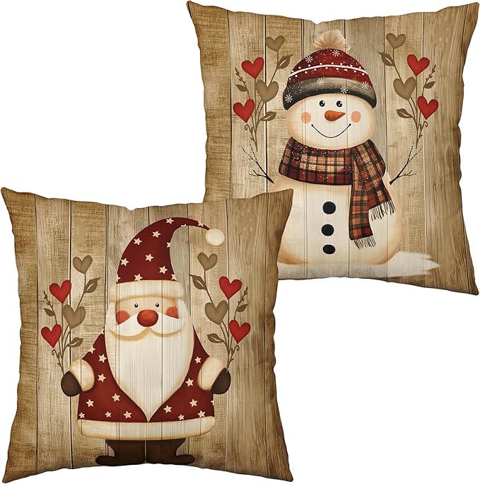 Vintage Christmas Pillow Covers 18x18 Santa Pillowcase Snowman Throw Pillow Covers Winter Holiday Retro Wooden Pattern Pillow Case for Xmas Decor Couch Sofa 2 Pack