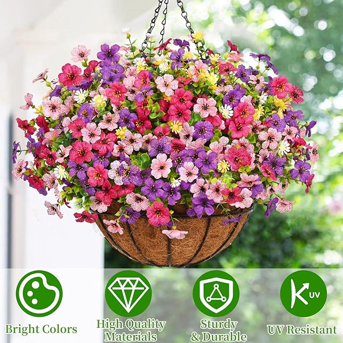 2 Pack Artificial Hanging Flowers for Outdoors, Fake Hanging Plants with 12" Baskets, 24 Pcs UV Resistant Artificial Hanging Flowers for Decoration Outdoors Garden Patio Porch Yard Spring Summer Decor