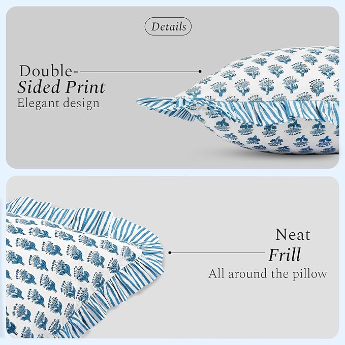 CPC Block Print Ruffle Throw Cover Apatite Blue 20"x20" Inch Pack of 2-100% Cotton Ruffle Couch Decorative Boho Pillows Case for Living Room, Bedroom, Sofa, Farmhouse Gift for Spring, Mother's Day