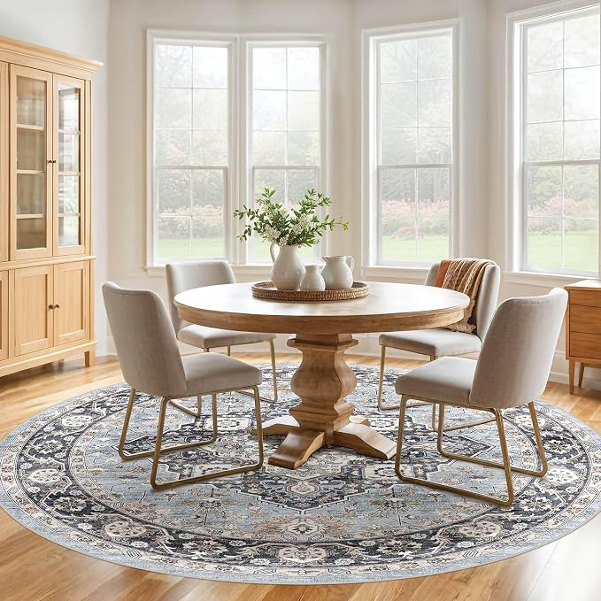 Round Rug Living Room Rugs: 7x7 Washable Boho Neutral Large Circle Soft Indoor Distressed Stain Resistant Floor Farmhouse Carpet for Bedroom Nursery Kids Playroom Office Dining Room Dorm- Blue Tan