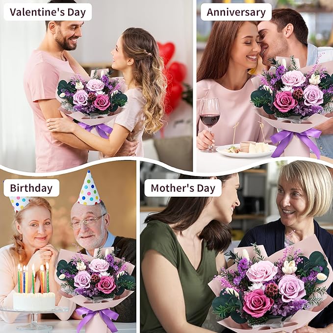 Preserved Flowers Bouquet, Real Eternal Flowers, Gifts For Women, Birthday Gifts For Mom Friends Her Girlfriend Sister, Valentine (Pastel Lilac)