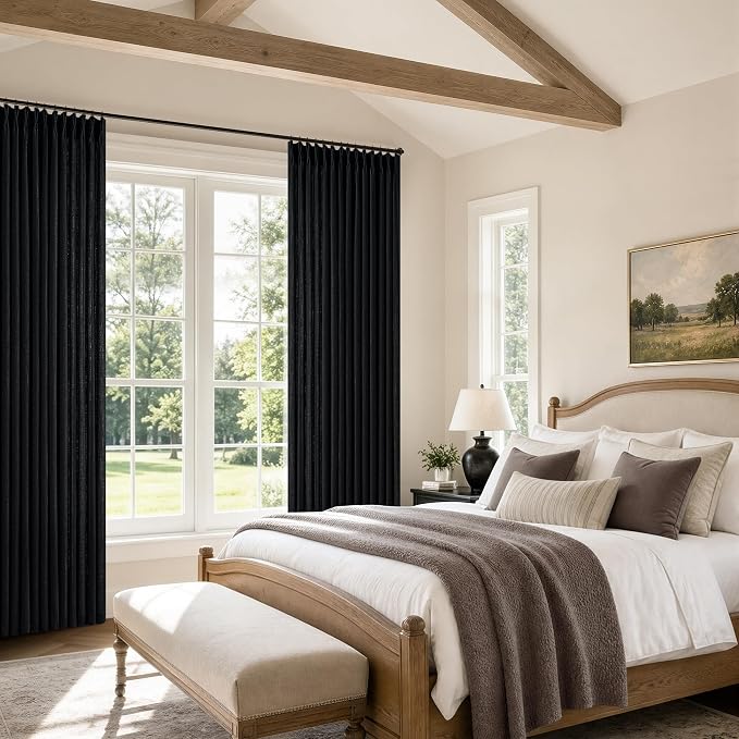 120 Inches Linen Pleated Black Curtains for Large Living Room Memory Trained Light Filtering Sheer Retro Vintage Drapes with Hooks Rings Extra Long Pinch Pleat Curtain for Bedroom 10 FT 2 Panels