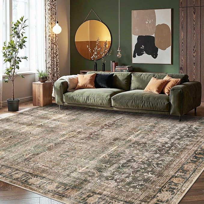 Rugxara 8x10 Area Rugs for Living Room Bedroom, Large Washable Rug, Brown Vintage Retro Boho Rug, Non Slip & Low Pile Faux Wool Thin Carpet for Indoor Dining Room and Kids Room(Charcoal/Olive 8x10ft)