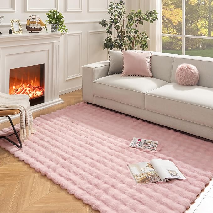 Ashler Faux Rabbit Fur Rug, Pink 6x9 FT Fluffy Soft Area Rug, Rectangle Fuzzy Carpet for Living Room, Bedroom, Machine Washable - 3D Bubble Mat